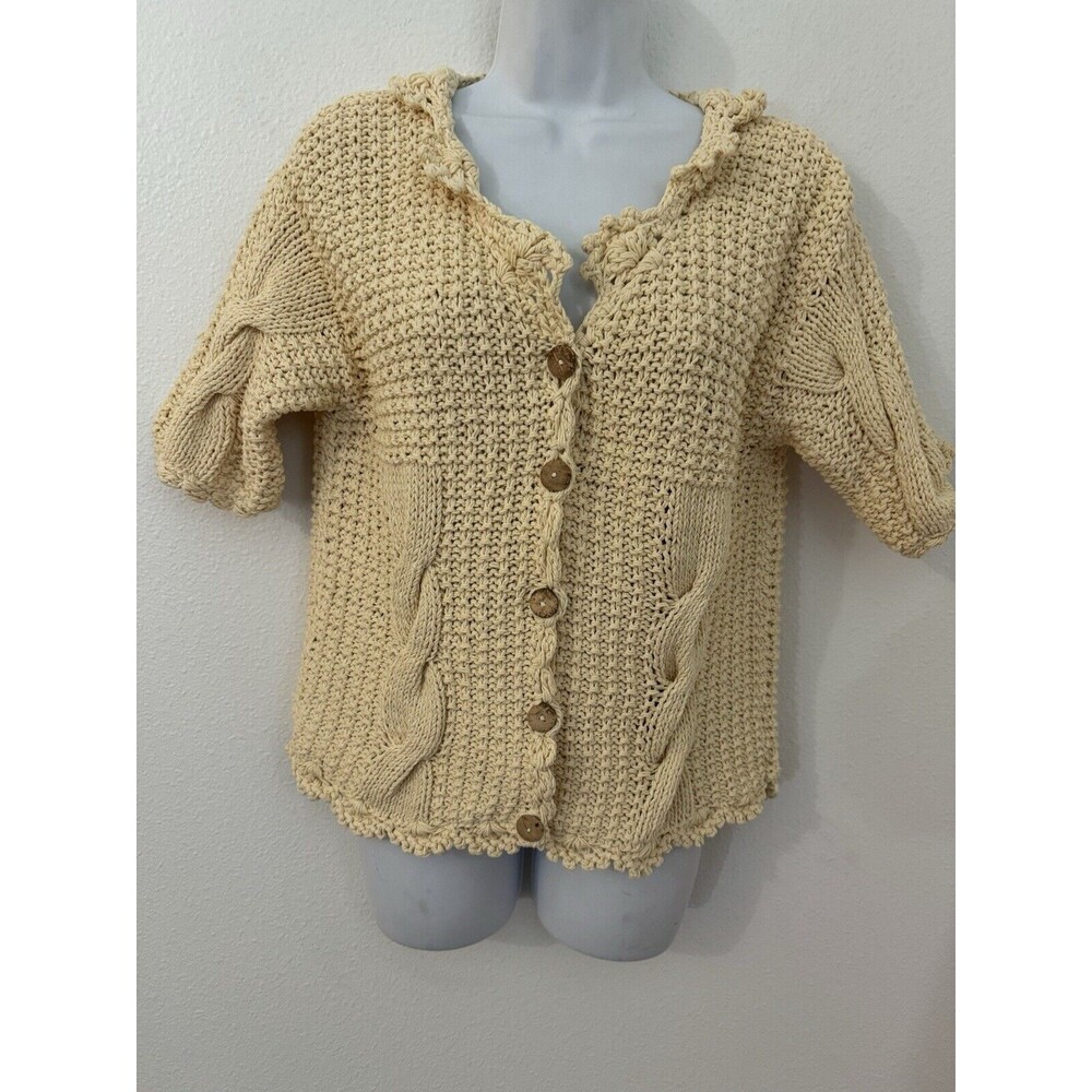 Handknits By Eastwinds Sweater Cardigan Yellow Short Sleeve Vintage Cottage M
